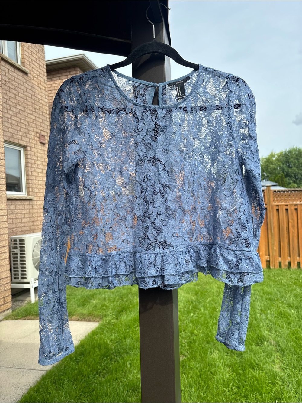 Forever 21 Dusty Blue Lace Ruffle Hem Long-Sleeve Top